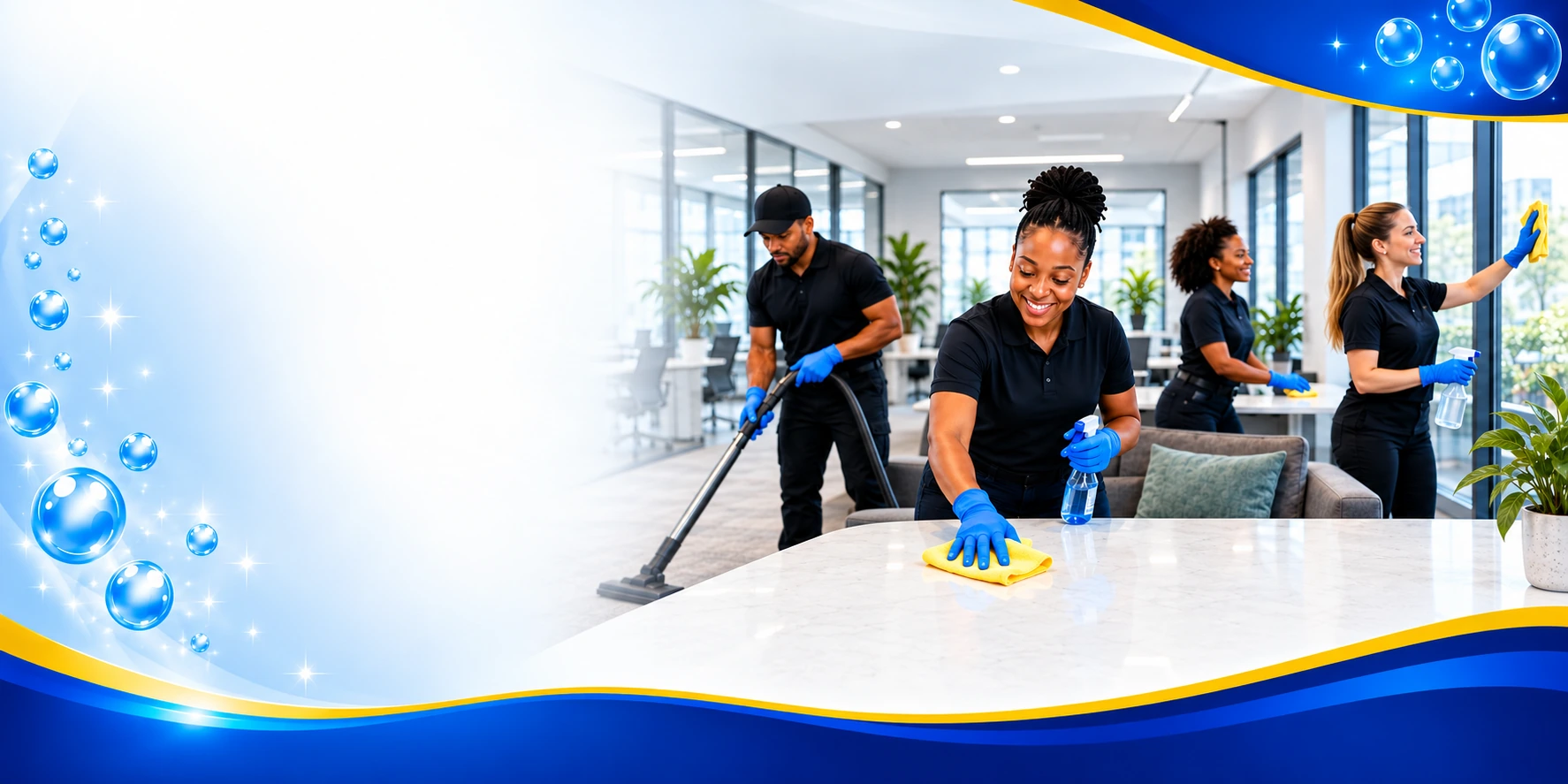 An inclusive team of four professional cleaners wiping counters, vacuuming and cleaning windows